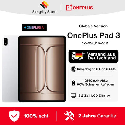 OnePlus Pad 3 Global Version Tablet Snapdragon 8 Elite 13.2" 144Hz Display 3.4K Resolution 8 Speakers Wi-Fi 7 Android 15