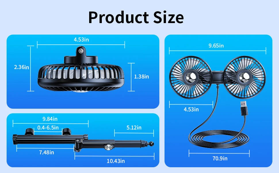 Eary Car Dual Head Fan Mount Back Seat With 3 Wind Speeds 360 Multi-Angle Adjustable Summer Air Cooling Fan With 2 Hidden Hooks