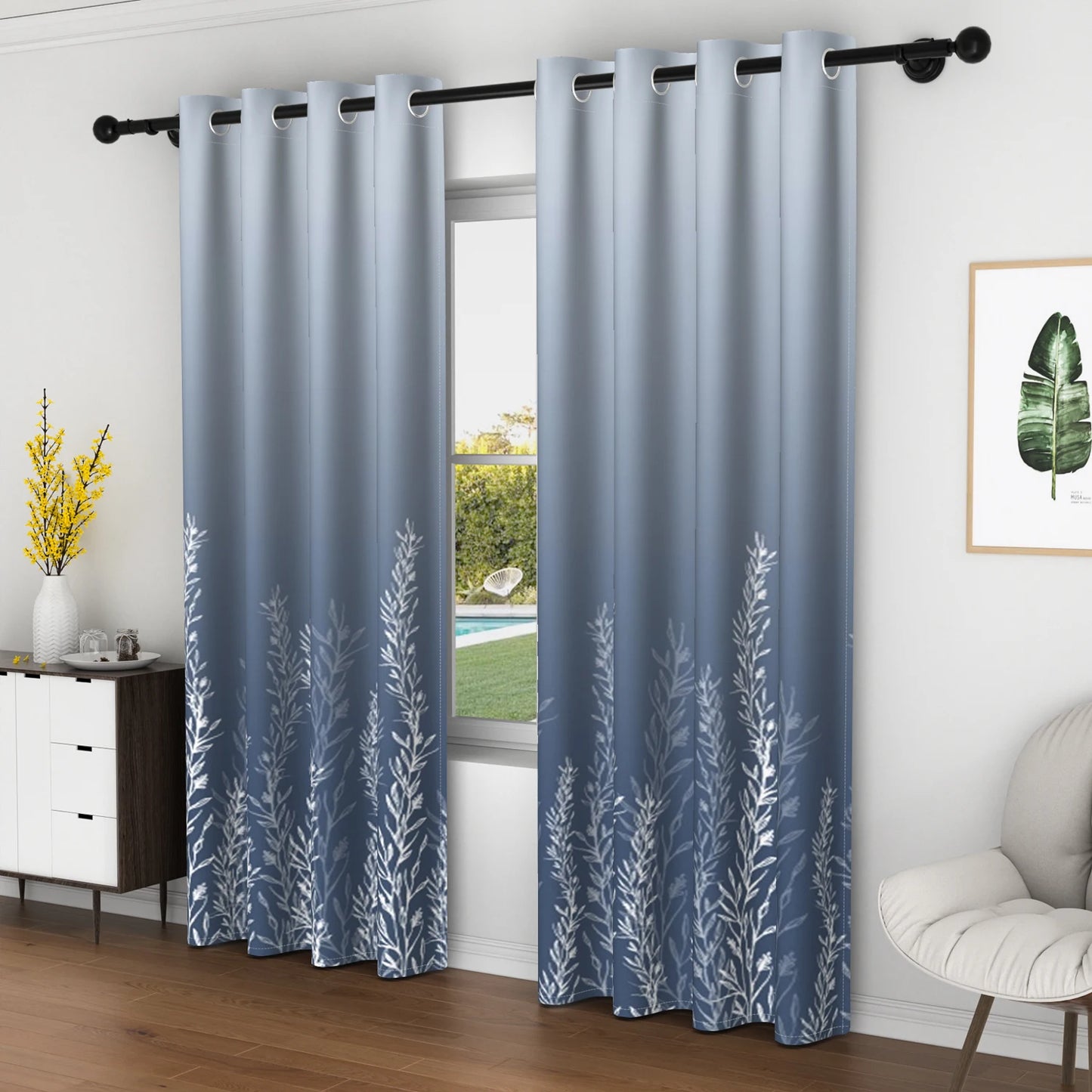 2pcs/set Solid Color Gradient Window curtains Bottom Leaf Print Thermal Insulated Polyester Bedroom Living Room Blackout Curtain