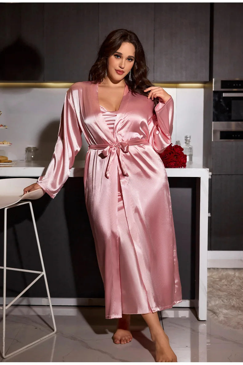 Plus Size 3XL 4XL 5XL Nighty&Robe Set Sexy Bride Long Wedding Bathrobe Dress Spring Summer New Sleepwear Loose Satin Home Wear