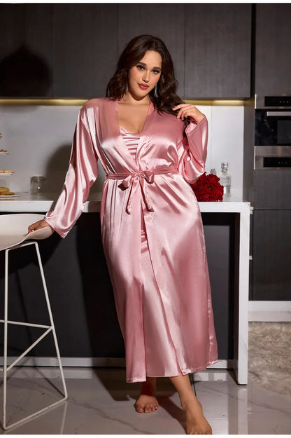 Plus Size 3XL 4XL 5XL Nighty&Robe Set Sexy Bride Long Wedding Bathrobe Dress Spring Summer New Sleepwear Loose Satin Home Wear