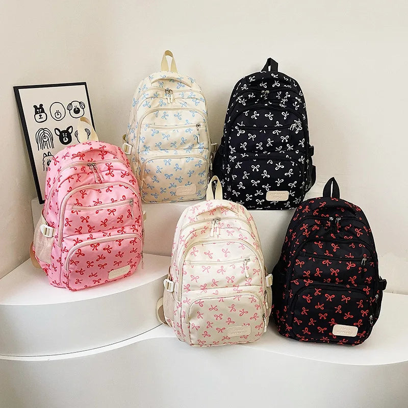 3 Pcs/Set Cute girl Large Capacity Backpack Bow Print Nylon Schoolbag Adjustable Strap Women daily Campus Backpack