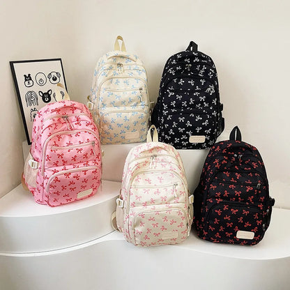3 Pcs/Set Cute girl Large Capacity Backpack Bow Print Nylon Schoolbag Adjustable Strap Women daily Campus Backpack