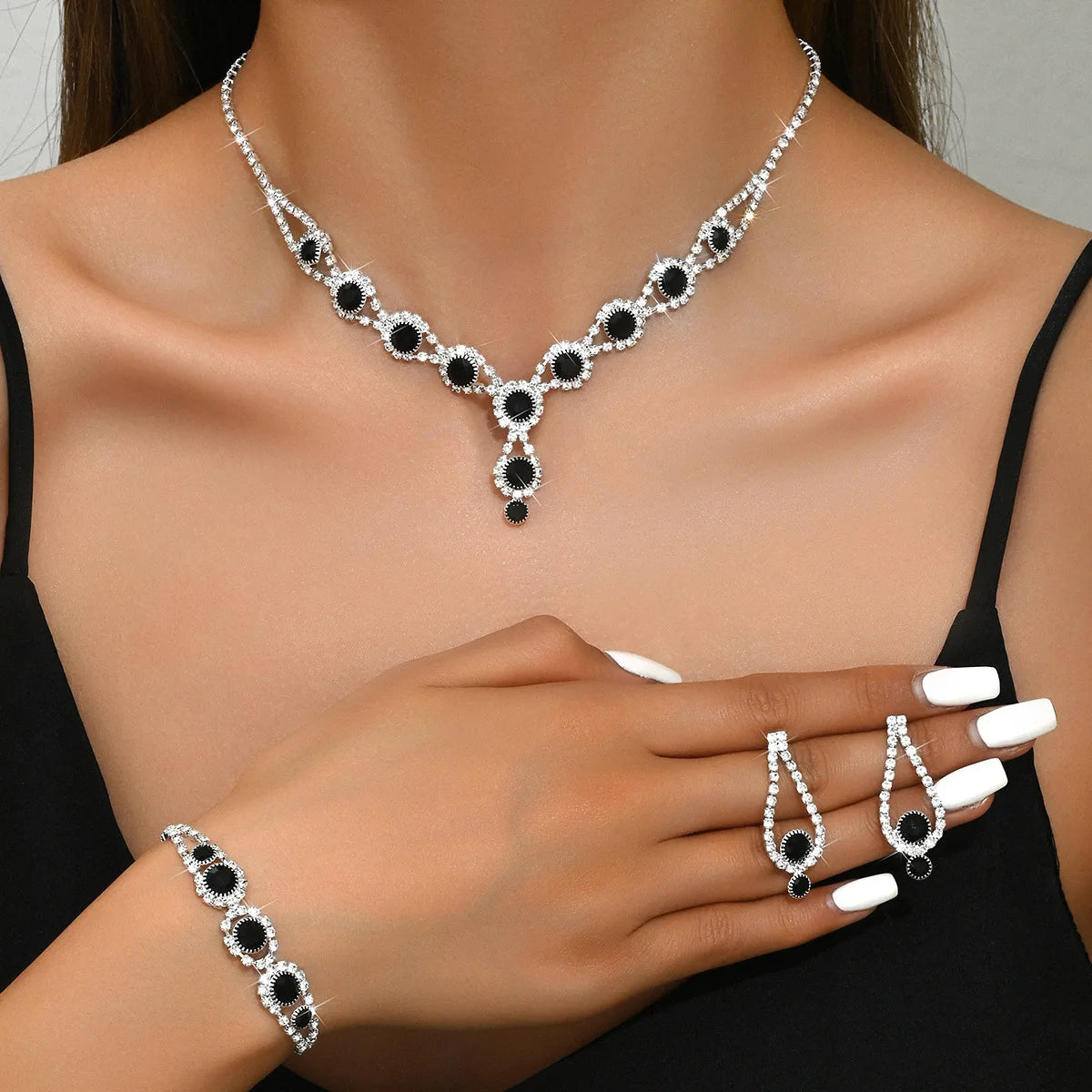 4PCS Fashion Elegant Crystal Jewelry Sets for Women Rhinestones Necklace Ring Earrings Bridal Wedding Party Jewelry Sets