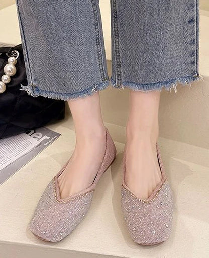 Shoes for Woman 2025 Diamond Flats Women's Summer Footwear Flat Square Toe Pink with Crystals Rhinestone Office 39 Beau Today E