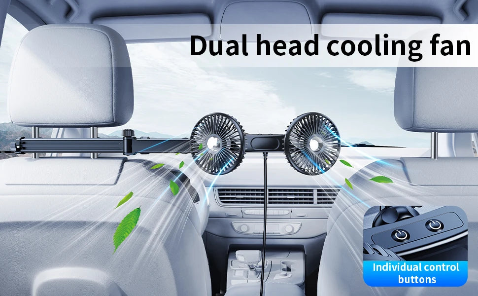 Eary Car Dual Head Fan Mount Back Seat With 3 Wind Speeds 360 Multi-Angle Adjustable Summer Air Cooling Fan With 2 Hidden Hooks