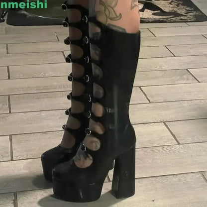 2026 New Women Pole Dance Shoes Hollow Mid-Calf Boots Platform Zipper Square Heel Buckle Strap Fashion Round Toe Sexy Boots