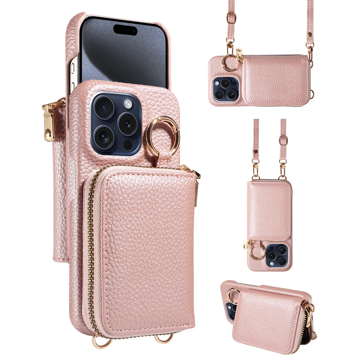 Newly Designed Deluxe Zipper Card Case for IPhone16promax 15 14 PU Leather Phone Case with Crossbody Lanyard Wallet Function