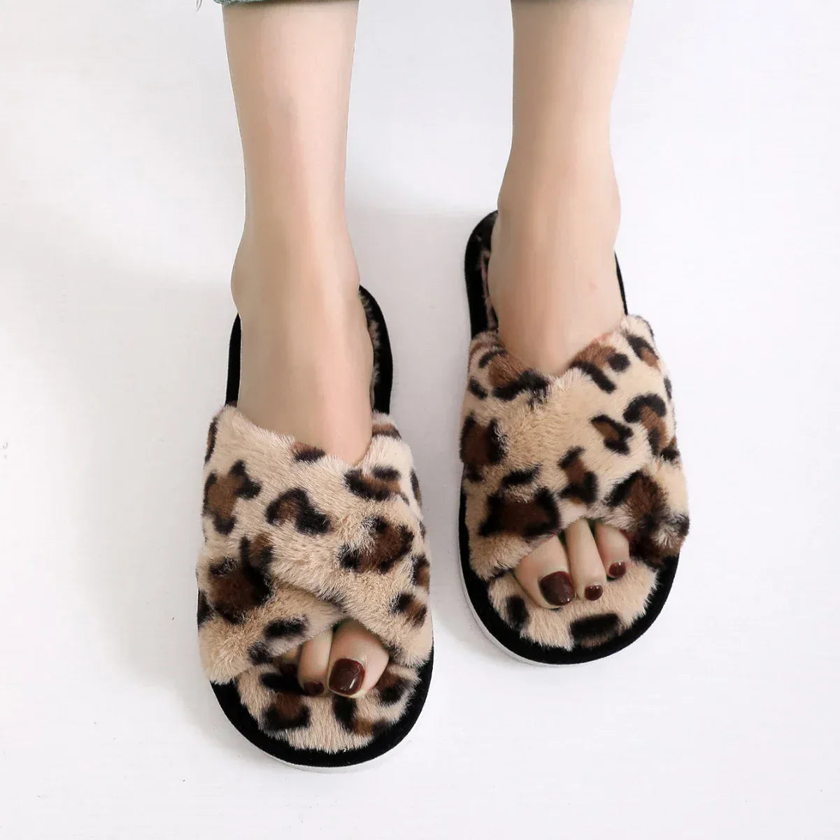 Autumn Winter Leopard Print Slippers Women's Fashion Plush Fur Slides Home Flip Flops Indoor Warm EVA Anti Slip Living Room Shoe