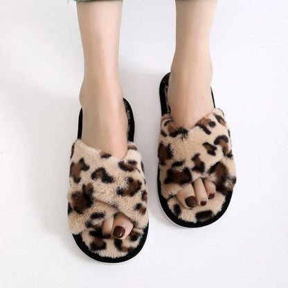 Autumn Winter Leopard Print Slippers Women's Fashion Plush Fur Slides Home Flip Flops Indoor Warm EVA Anti Slip Living Room Shoe