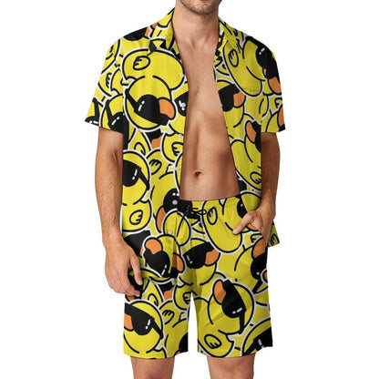Summer Yellow Rubber Duck 3D Print Men Shirt Sets Short Sleeve Shirt Oversized Beach Shorts Streetwear Hawaiian Suits Clothes