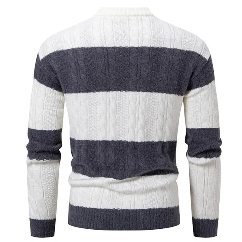Pull en maille patchwork à col montant pour homme, rayé, décontracté et tendance, idéal pour l'automne et l'hiver.