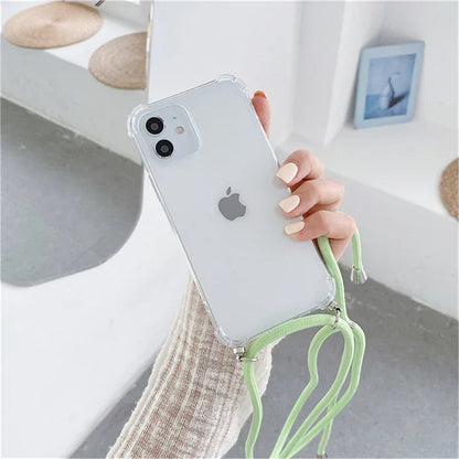 Necklace Lanyard Strap Chain Phone Case For iPhone 16 15 14 13 Pro Max 12 11 XS X XR Mini 7 8 Plus Transparent Soft Rope Cover