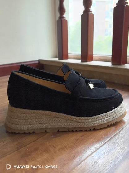 MKKHOU Fashion Loafers New High Quality Real Leather Suede Vintage Straw Braid Platform Shoes Daily Casual Light Shoes Neutral