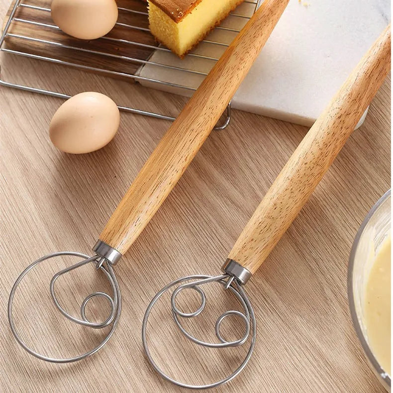 304 Stainless Steel Dough Whisk with Smooth Wooden Handle Sourdough & Bread Mixing 13 Inch Danish Dough Whisk Bread Tools