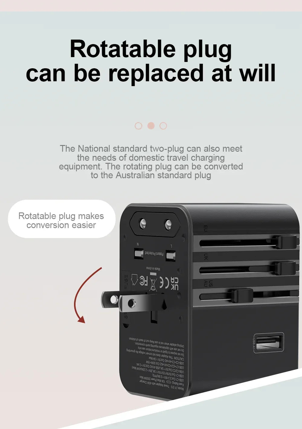 Global Universal Conversion Travel Plug 2 Type-C Sockets EU US AC Power Travel Adapter PD 65w 45w 25w Travel Plug Fast Charging