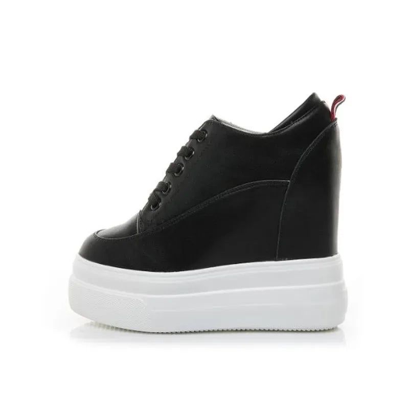 Genuine leather 10cm Increase Flat Platform Shoes Female Thick Sole Students Casual Shoes Woman  Lace Up Solid   Women Shoes