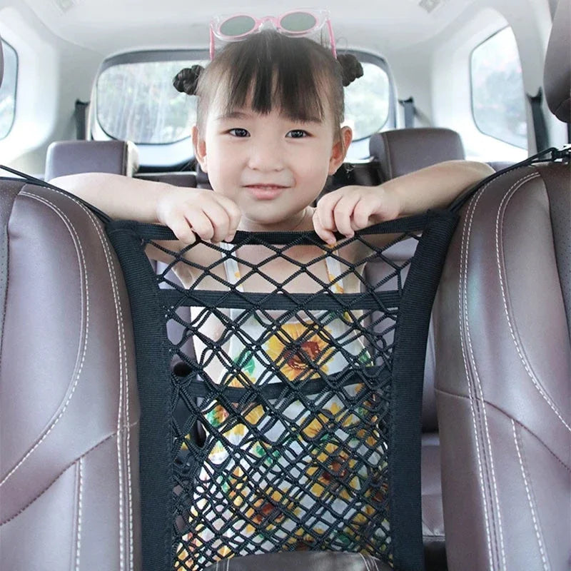 Car Storage Net Bag Between Seats Car Divider Pet Barrier Stretchable Elastic Mesh Bag Organizer Auto Accessories