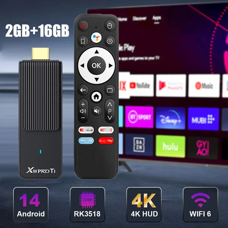Smart TV Stick Android14.0 X88 PRO RK3518 4K Wifi6 Quad Core Voice Remote Media Player Mini Android TV Stick 2GB 16GB