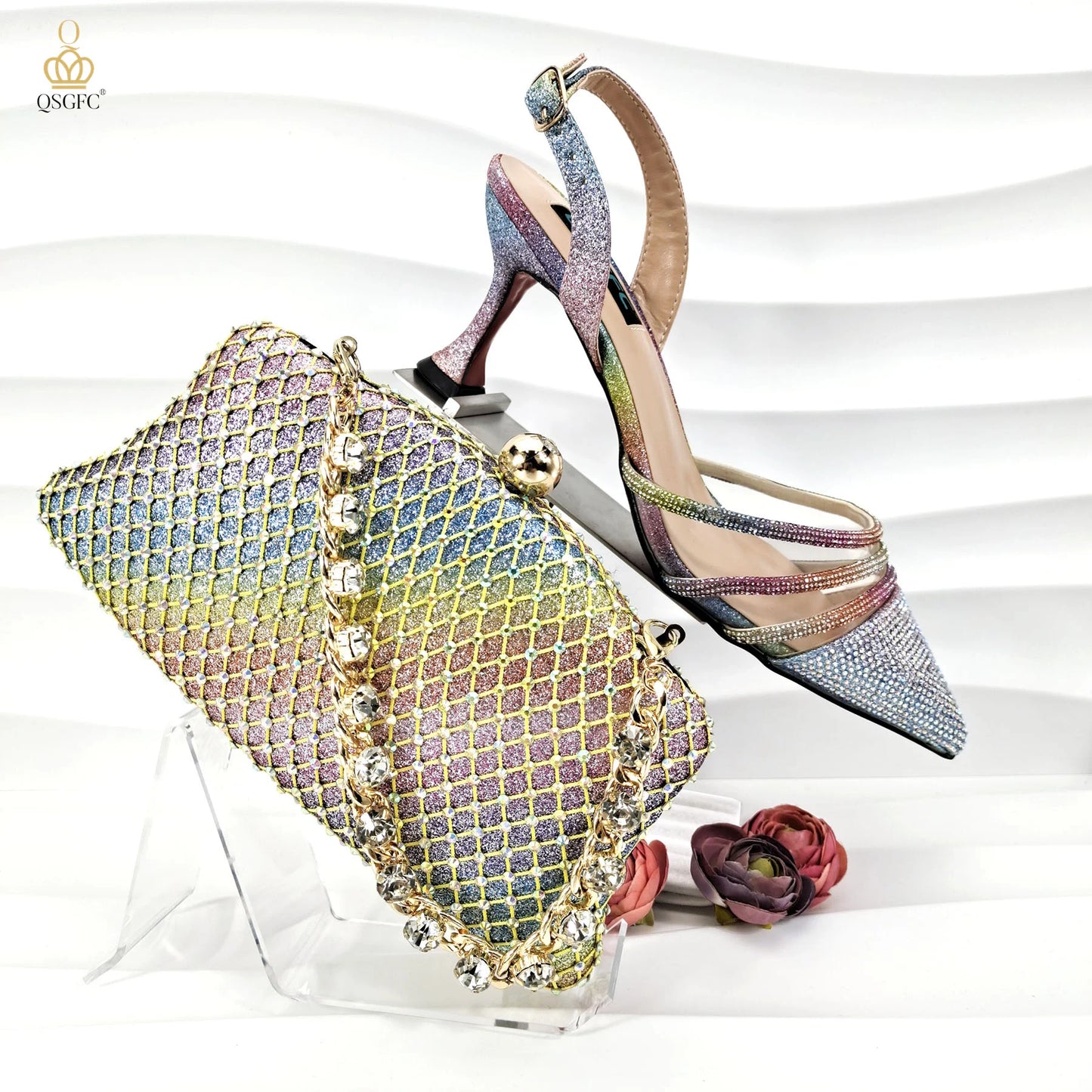 QSGFC African Women's Fashion Crystal Square Button Pointed High Heels Water Diamond Shiny Wine Color Sandal Bag Set