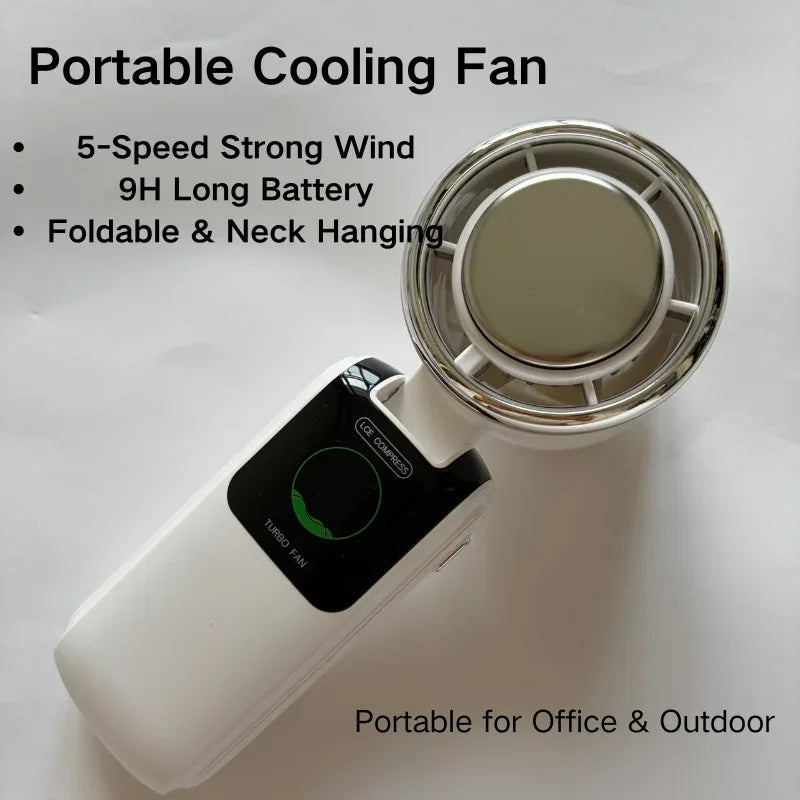 5-Speed Strong Cooling Mini Fan, Foldable & Neck Hanging - 9H Long Battery, Powerful Wind with LED for Office Outdoor Travel