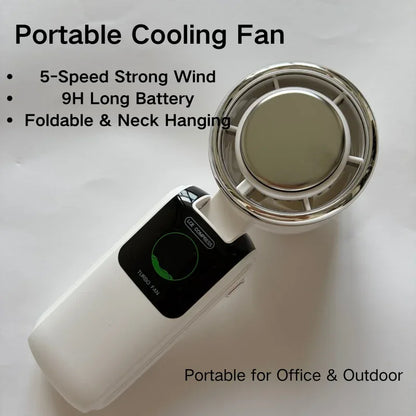 5-Speed Strong Cooling Mini Fan, Foldable & Neck Hanging - 9H Long Battery, Powerful Wind with LED for Office Outdoor Travel