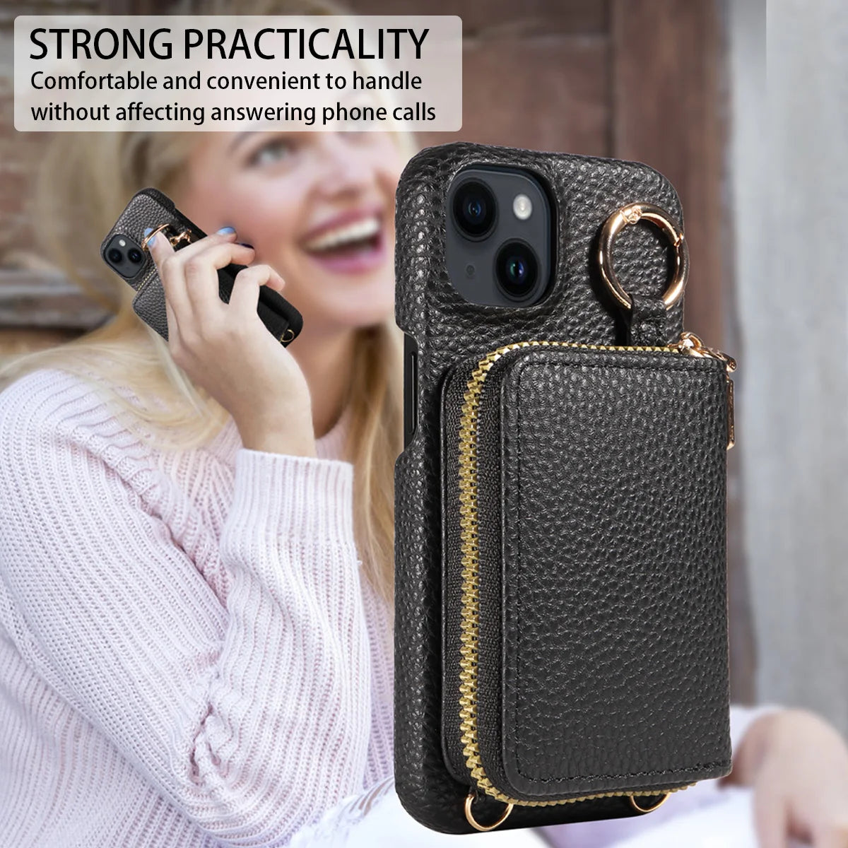 Newly Designed Deluxe Zipper Card Case for IPhone16promax 15 14 PU Leather Phone Case with Crossbody Lanyard Wallet Function