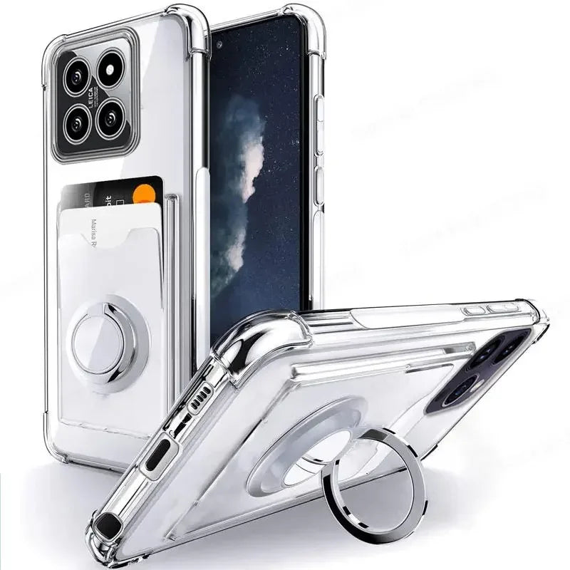 Ring Holder Wallet Card Slot Phone Case for Xiaomi 14T 14 Pro Airbag Shockproof Soft Silicone Transparent Cover for Redmi 14C 4G