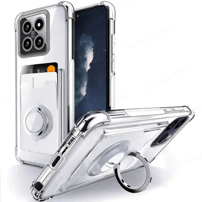 Ring Holder Wallet Card Slot Phone Case for Xiaomi 14T 14 Pro Airbag Shockproof Soft Silicone Transparent Cover for Redmi 14C 4G