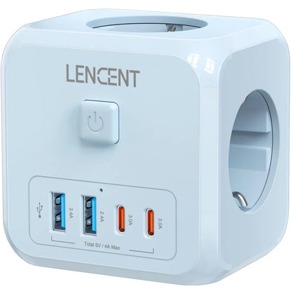 LENCENT Multi USB Wall Socket Cube with 3AC Outlets USB-A and Type C 7-in-1 Power Strip EU Plug Socket On/Off Switch for Home