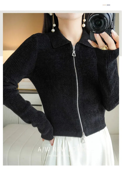 Women Autumn Winter Soft Wool Sweater Polo Collar Thicken Knitted Double Zipper Cardigan Basis Short Top Cashmere Female Coat