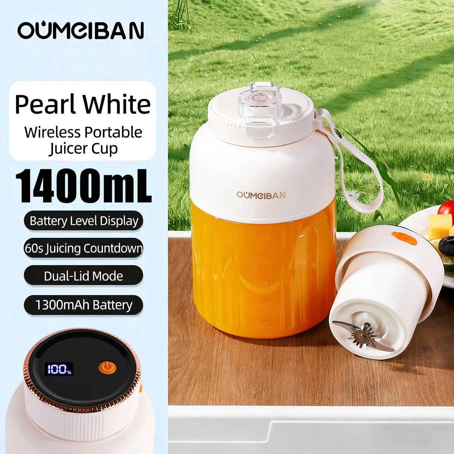 Home Portable Juicer 1400ML, Fresh Fruit Mixer with 48 Blades, USB Rechargeable Multifunctional Ice Crusher Smoothie Blender