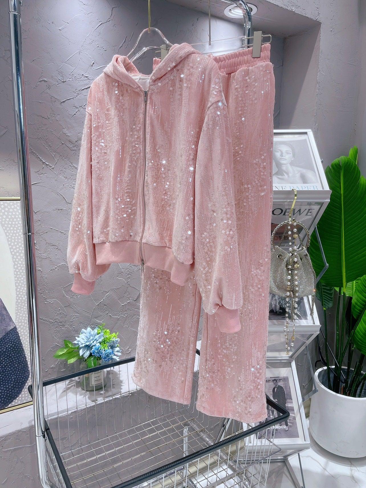 Fashion Pink Casual Suit for Women Autumn Winter New Gold Velvet Sequins Pearl Embroidery Sweatshirt Sports Pants Two-Piece Sets