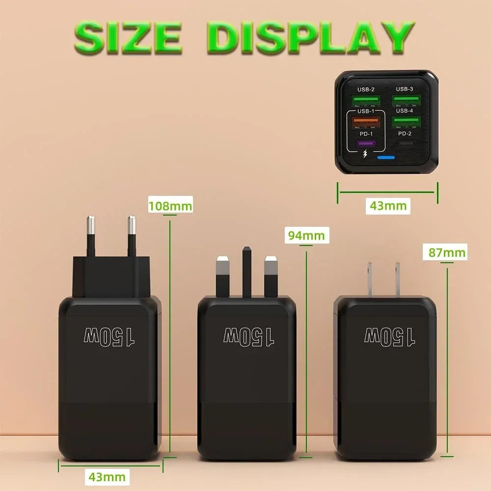 150W Multi Port USB Charger 6 Ports Fast Charge Phone Charger Wall Adapter For iPhone Samsung Xiaomi EU/US/UK Plug Quick Charger