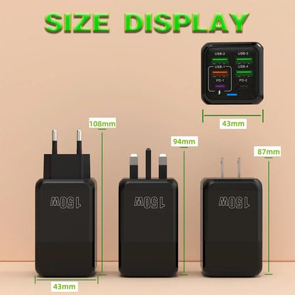 150W Multi Port USB Charger 6 Ports Fast Charge Phone Charger Wall Adapter For iPhone Samsung Xiaomi EU/US/UK Plug Quick Charger