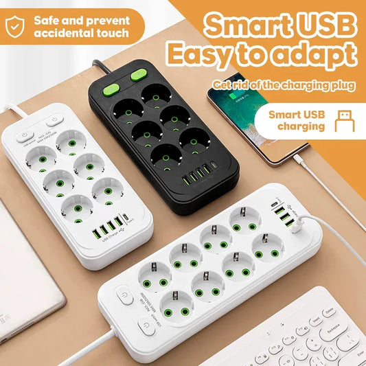 EU Plug AC Outlet Multitap Power Strip 2m Extension Cord Electrical Socket USB for Home Office Surge Protector Network Filter