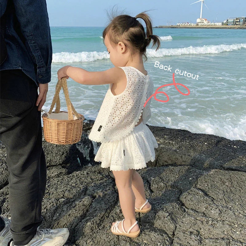 2Pcs Summer Kids Girl White Dress Sets Korean Princess Baby Sleeveless Skirt Hollow Cotton Chidlren Outfits Two Pieces Clothes