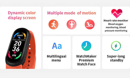 Montre connectée M6 pour homme et femme, bracelet de sport et de fitness, moniteur de fréquence cardiaque et de pression artérielle, étanche, multifonctions