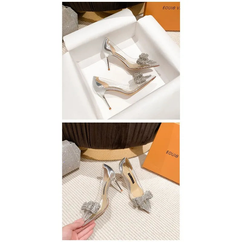 Spring Summer Fashion Rhinestone Bowknot Women Pumps Sexy Silk Pointed Toe Strange High Heels Party Prom Shoes Gold Silver