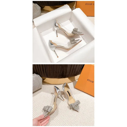 Spring Summer Fashion Rhinestone Bowknot Women Pumps Sexy Silk Pointed Toe Strange High Heels Party Prom Shoes Gold Silver
