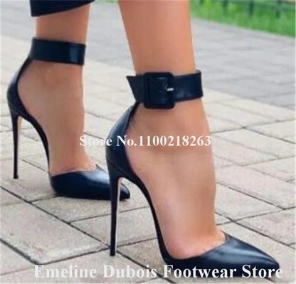 Buckle Stiletto Heel Pumps Emeline Dubois Elegant Pointed Toe Ankle Strap High Heels Black Red Nude Leather Shoes Party Shoes