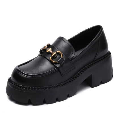 DRKANOL Women Thick Heel Loafers Slip On Pumps Spring Autumn New Design Metal Genuine Leather Round Toe High Heel Platform Shoes