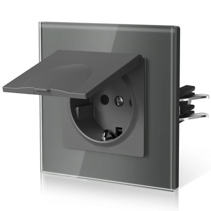 BSEED EU Standard Wall Electric Socket With Cover 16A Bathroom Power Sockets Outdoor Outlet Waterproof Glass Panels E Series