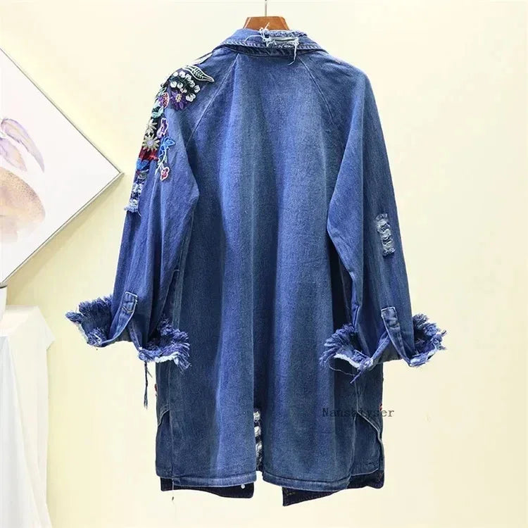 Spring Autumn Loose Vintage Flower Embroidered Denim Jacket Women Single-breasted Casual Raw Fringe Hole Jeans Jackets Female