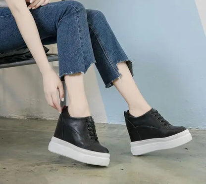 Genuine leather 10cm Increase Flat Platform Shoes Female Thick Sole Students Casual Shoes Woman  Lace Up Solid   Women Shoes