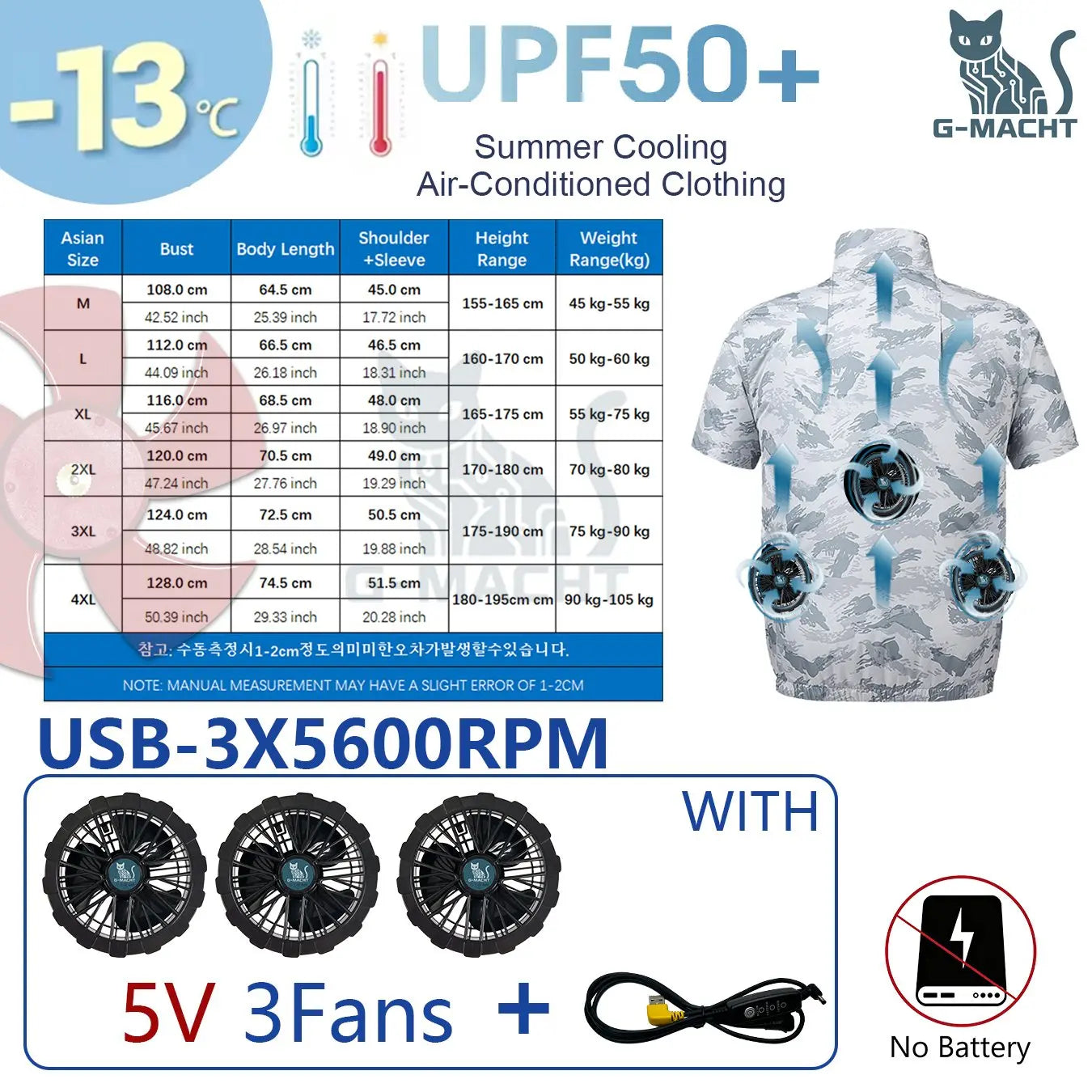 G-MACHT Men Short Sleeve 4Fans Cooling Jacket USB Air Conditioning Clothing Outdoor Work Fishing Heat Protection Cooling Vest