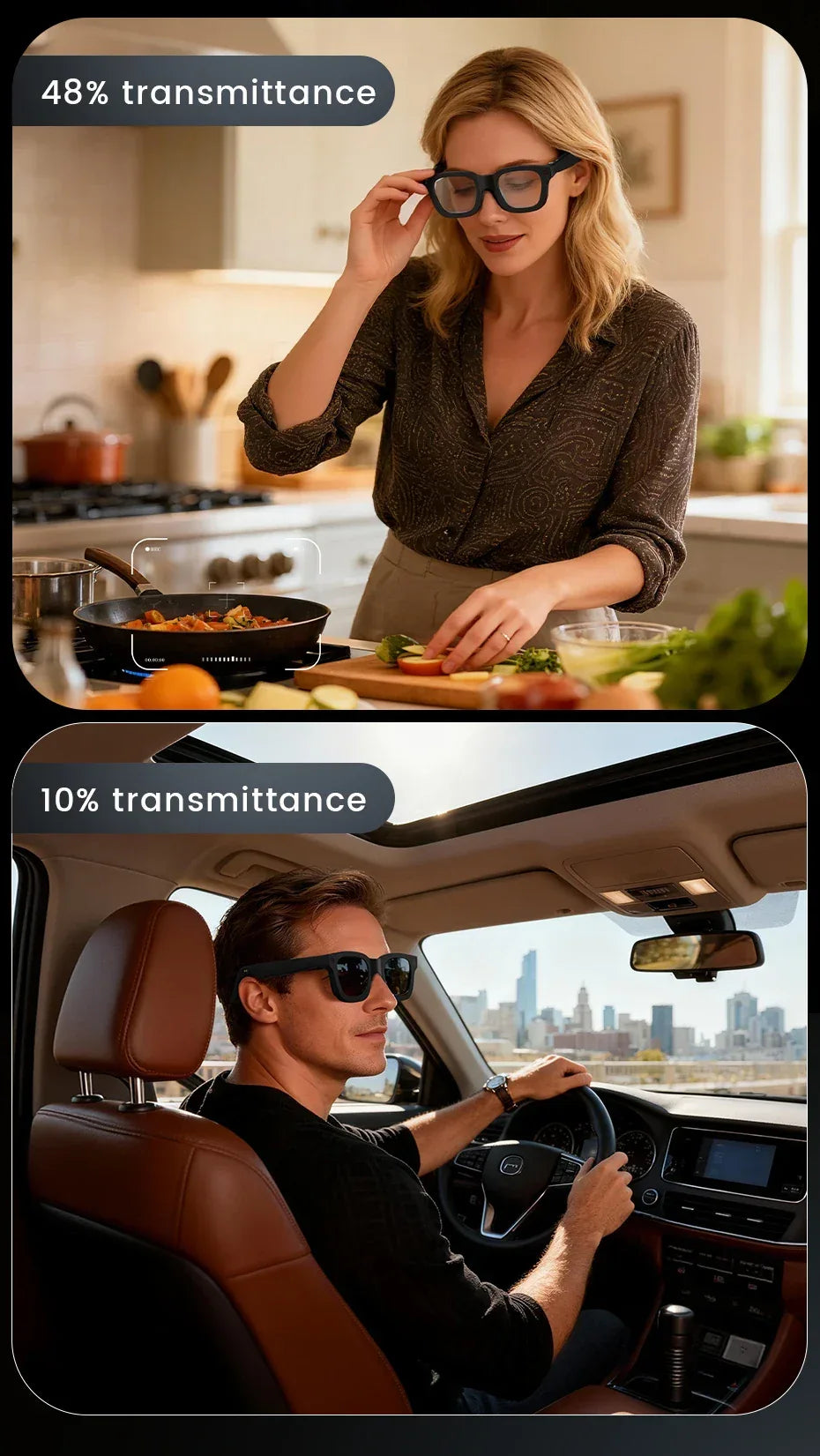Smart Glasses AI Translation，Photography, Videography，Audio Recording WiFi Transmission Functio Color-Changing Smart Sunglasses