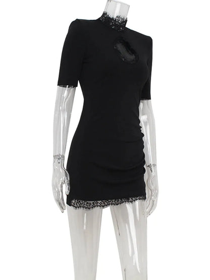 Ahagaga Sexy Sheath Women's Mini Dresses Solid Lace Turtleneck Slim Fit Bodycon Hollow Out Half Sleeves Streetwear Vestidos Robe
