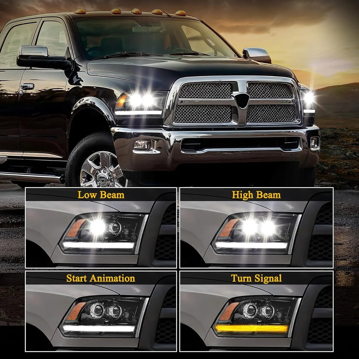 1pcs Full LED Headlight Fit for 2009-2018 Dodge Ram 1500 2500 3500 Sequential Turn Signal&DRL Headlights