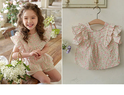 Kids Girls Cute Shirts and Shorts Skirts Outfit Set 2026 Summer New Korea Children Floral Fringed Shirts Skirts Clothes Set